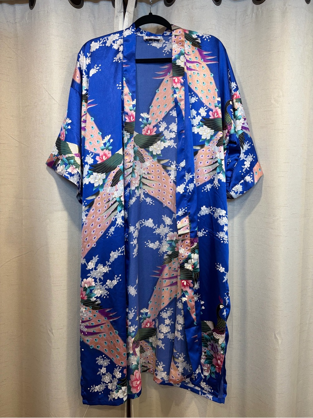 Vintage Blue Satin Peacock Floral Kimono